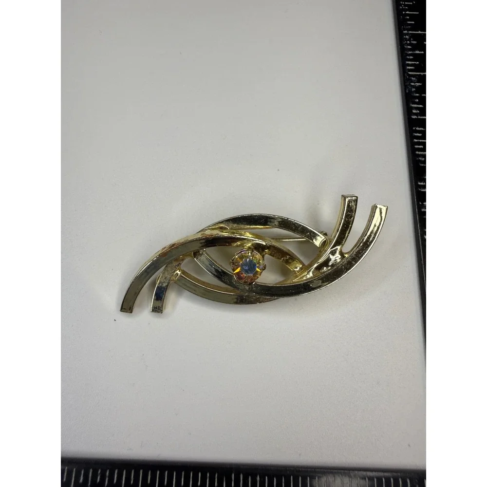 Gold Tone Aurora Borealis Rhinestone Abstract Eye Brooch Mid Century Modern Pin